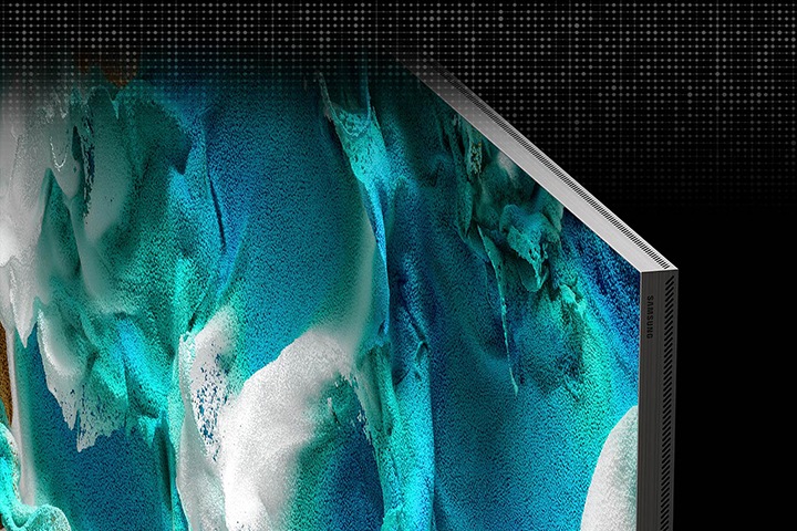 MICRO LED TV의 초소형 베젤이 클로즈업되어 모노리스 디자인을 보여줍니다. 화면에는 컬러 액체가 함께 혼합된 모습이 표시됩니다.