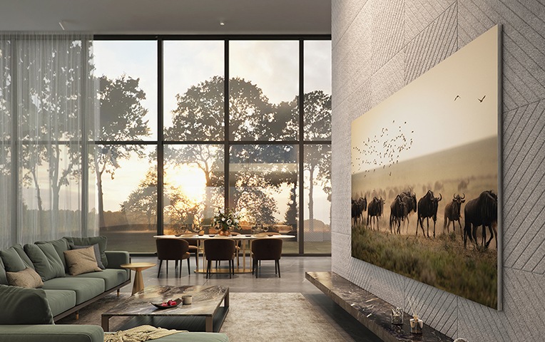 거실 한 가운데 제품이 걸려 있으며, 화면에는 초원 위에서 동물들이 풀을 뜯어 먹고 있습니다.