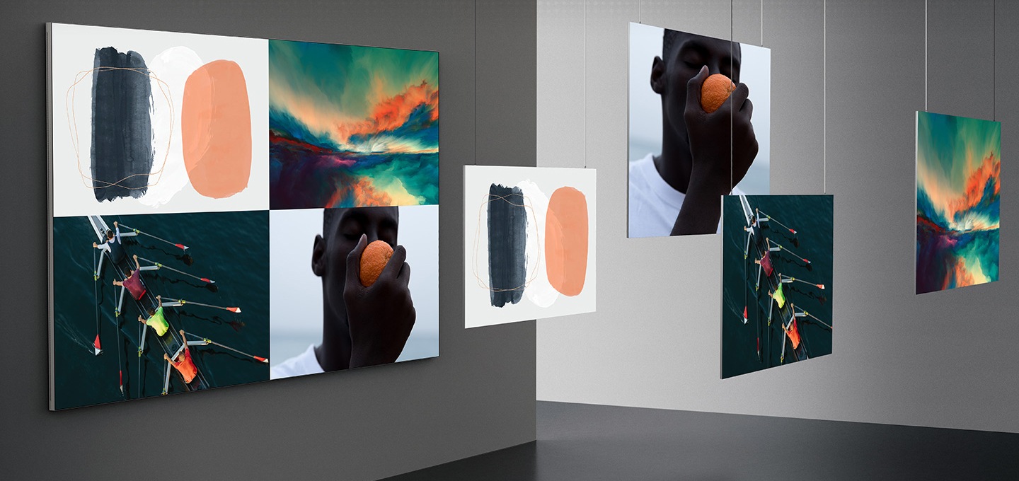 예술 작품, 자연 풍경, 과일을 먹는 사람, 조정 경기 등 4개의 이미지가 천장에 걸려 있습니다. 그 뒤 벽면에 장착된 MICRO LED 화면 속에 천장에 걸려 있던 4개의 이미지가 4분할로 함께 띄워져 있습니다.