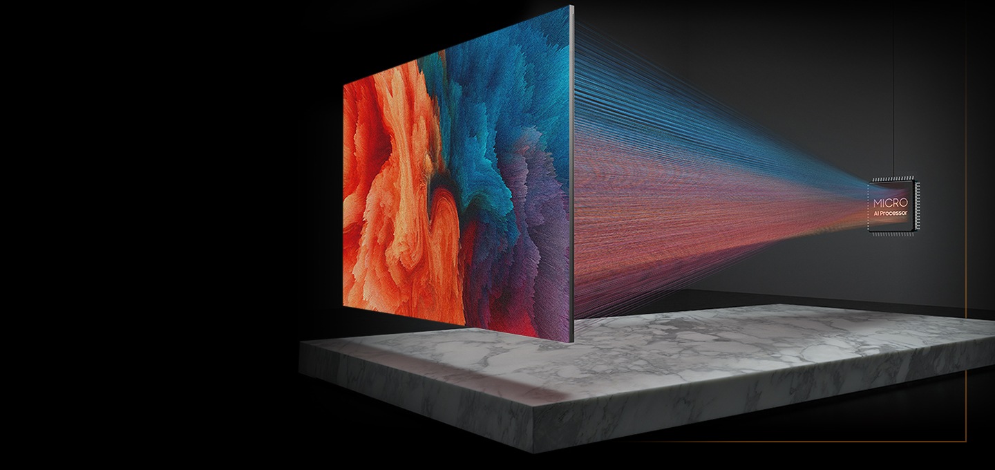 'MICRO AI Processor' 로고가 표시된 파워 프로세서 칩이 보이고, 칩에서 퍼져 나오는 빛이 MICRO TV와 연결되어 있습니다. 화면에는 빨강, 파랑, 보라색 그래픽이 예술 작품처럼 형상화되어 있습니다.