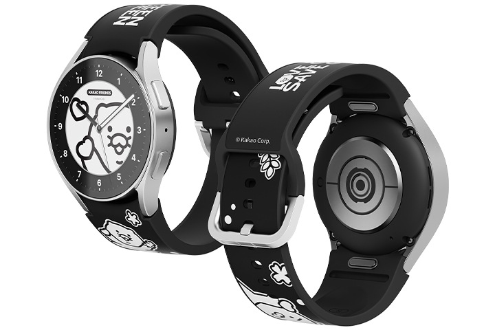 갤럭시 워치6 시리즈 카카오프렌즈 스트랩 제품에 2개의 갤럭시 워치를 각각 장착한 정면, 후면이 보여집니다.