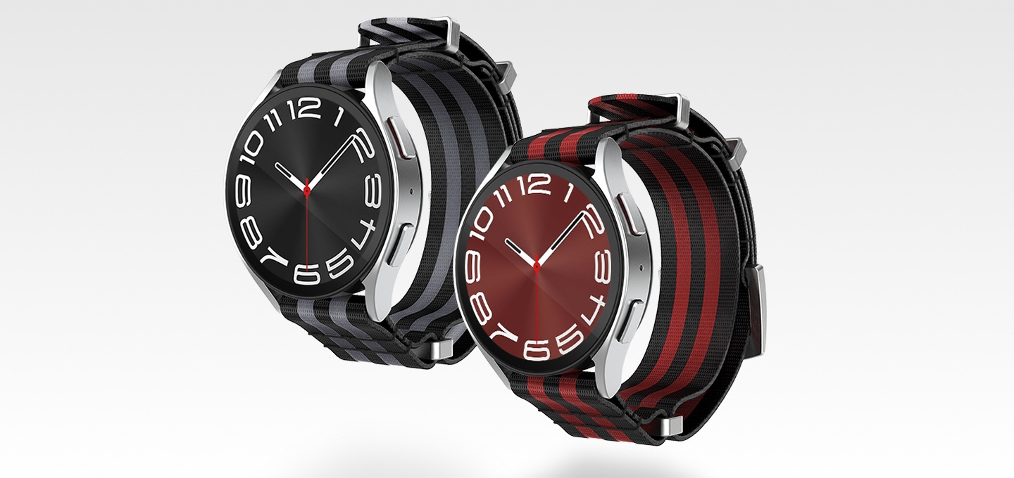 갤럭시 워치6 나토 스트랩 제품에 2개의 갤럭시 워치의 블랙, 레드 색상을 장착한 정면이 나란히 보여집니다.