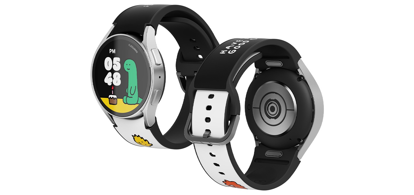 갤럭시 워치6 시리즈 조구만 스튜디오 생일 스트랩 제품에 2개의 갤럭시 워치를 각각 장착한 정면, 후면이 보여집니다.