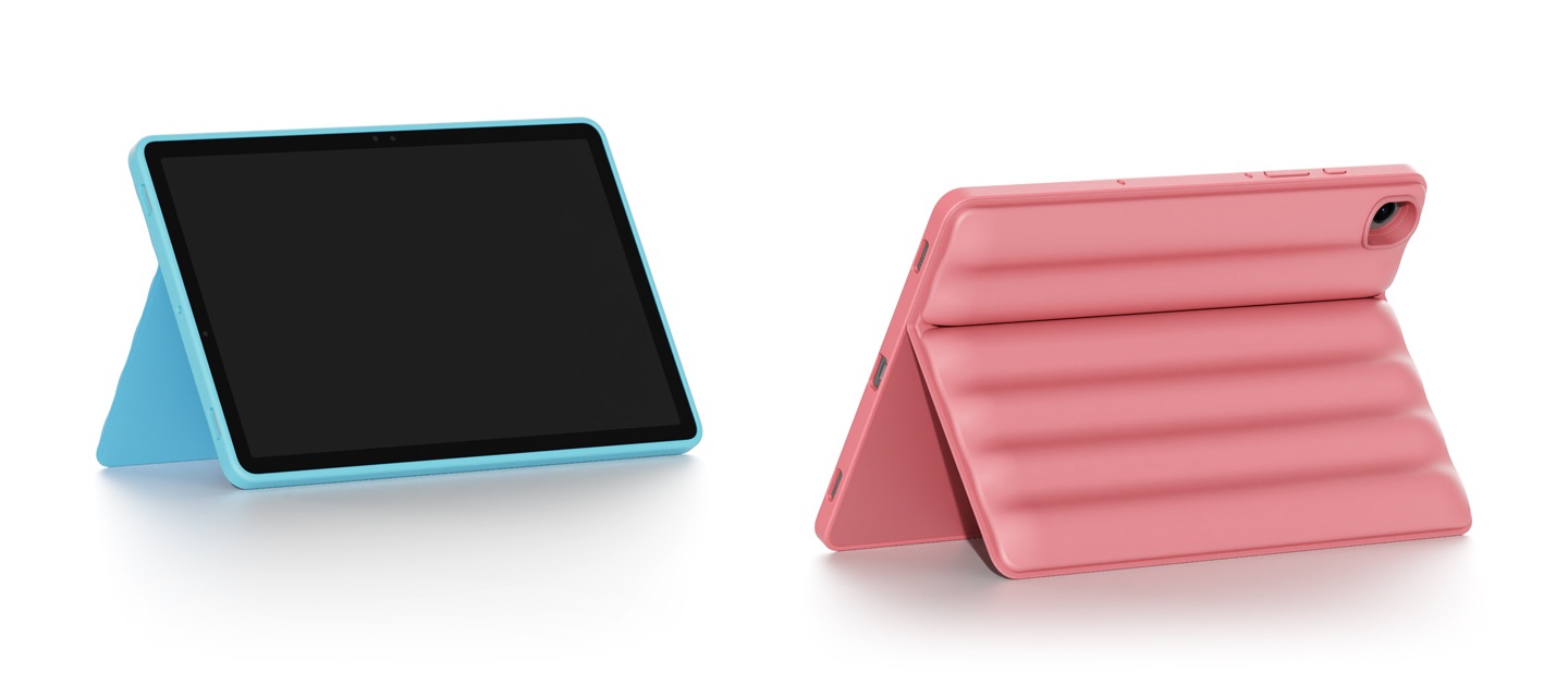 매직 앰보 스탠딩 케이스 블루와 핑크를 장착한 후 가로로 세워 놓은 이미지