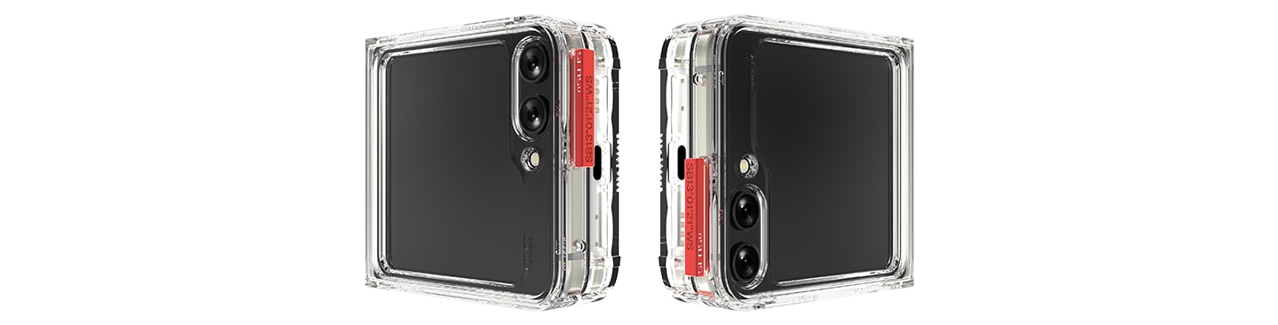 An enlarged image of the red colored tags of two devices closed after attaching the Galaxy Z Flip to the Galaxy Z Flip 5 tag flat case product.