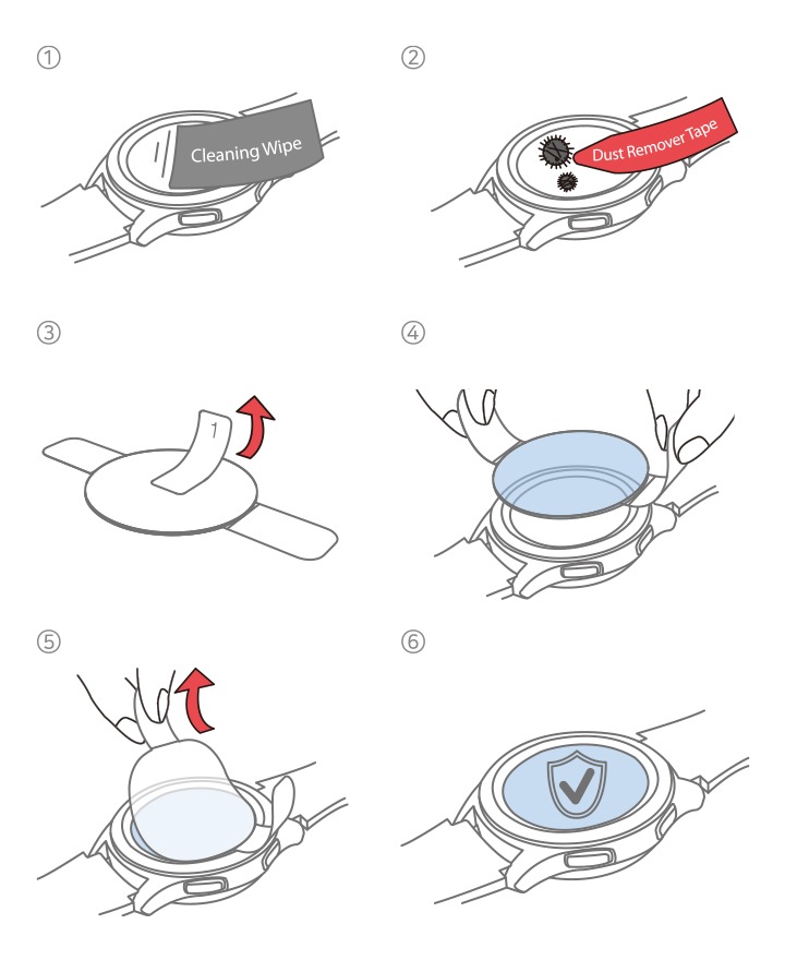 강화 유리 부착 가이드 이미지가 보여집니다. 1. 청소용 물티슈로 케이스를 닦는 이미지. 2. 먼지 제거 테이프로 먼지를 제거하는 이미지. 3. 강화 유리의 부착 테이프를 떼는 이미지. 4. 강화 유리를 케이스에 착용하는 이미지. 5. 케이스에 강화 유리의 손잡이 테이프를 떼는 이미지. 6. 장착 완료된 이미지