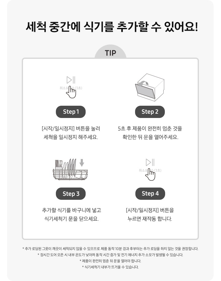 BESPOKE 식기세척기 6인용 세척 중간 식기 추가 TIP에 대해 설명하고 있습니다. 왼쪽부터 시작/일시정지 버튼에 손가락이 올라간 아이콘과 'Step1 [시작/일시정지] 버튼을 눌러 세척을 일시정지 해주세요.' 문구, 식기세척기 도어가 열리는 아이콘과 'Step2 5초 후 제푸미 완전히 멈춘 것을 확인한 뒤 문을 열어주세요.' 문구, 바구니에 식기가 수납된 아이콘과 'Step3 추가할 식기를 바구니에 넣고 식기세척기 문을 닫으세요.' 문구, 시작/일시정지 버튼에 손가락이 올라간 아이콘과 'Step4 [시작/일시정지] 버튼을 누르면 재작동 합니다.' 문구가 있습니다.
