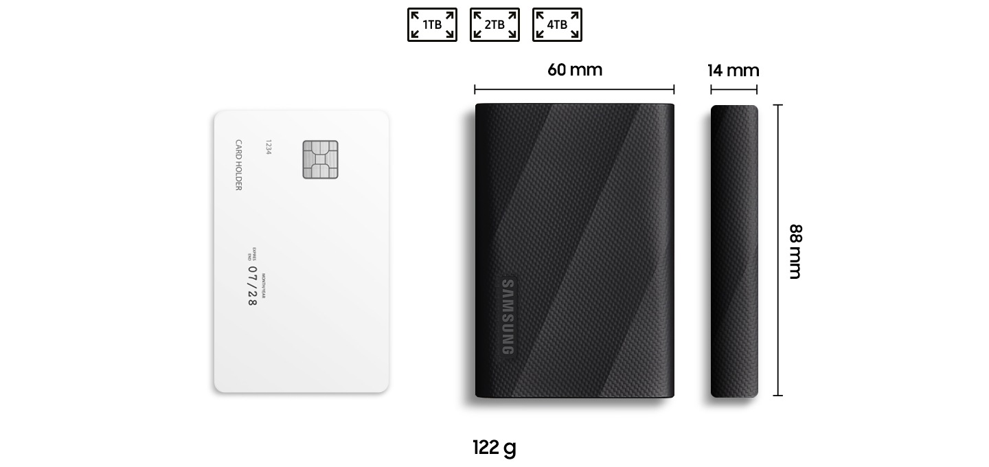 계산할 때 사용하는 일반적인 카드를 세로로 눕혀 놓은 이미지 옆에 외장 SSD T9 USB 제품을 세로로 눕혀 놓은 정면 이미지와 세로로 눕혀 놓은 옆면 이미지를 보여주고 있으며 외장 SSD T9 USB제품의 각각의 이미지 주위에는 가로의 길이가 60 mm, 세로의 길이가 88 mm, 두께가 14 mm 인 것을 표시하고 있으며 상단에는 1 TB, 2 TB, 4 TB가 있는 것을 알려주는 아이콘과 하단에는 122g인 것을 알려주고 있습니다.