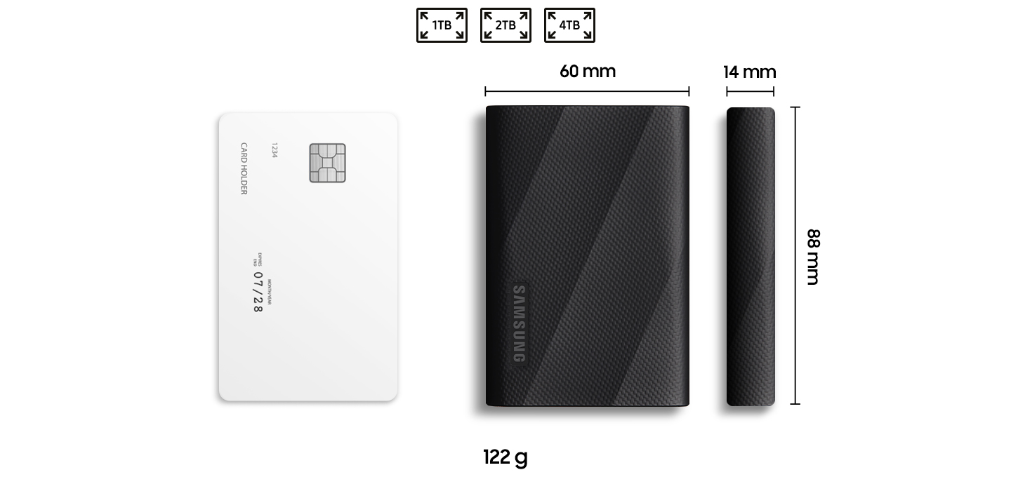 [계산할 때 사용하는 일반적인 카드를 세로로 눕혀 놓은 이미지 옆에 외장 SSD T~9 ÚSB 제품을 세로로 눕혀 놓은 정면 이미지와 세로로 눕혀 놓은 옆면 이미지를 보여주고 있으며 외장 S~SD T9 Ú~SB제품의 각각의 이미지 주위에는 가로의 길이가 60 mm~, 세로의 길이가 88 mm, 두께가 14 mm~ 인 것을 표시하고 있으며 상단에는 1 TB, 2 TB~, 4 TB가 있는 것을 알려주는 아이콘과 하단에는 122g인 것을 알려주고 있습니다.]