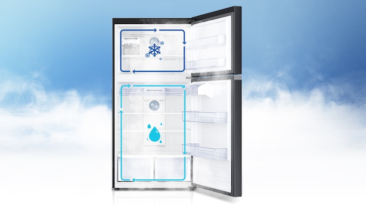 상하칸 문이 열린 냉장고가 보여지고 냉동실과 냉장실에 각각 독립냉각을 나타내는 인포그랙픽이 있습니다. 