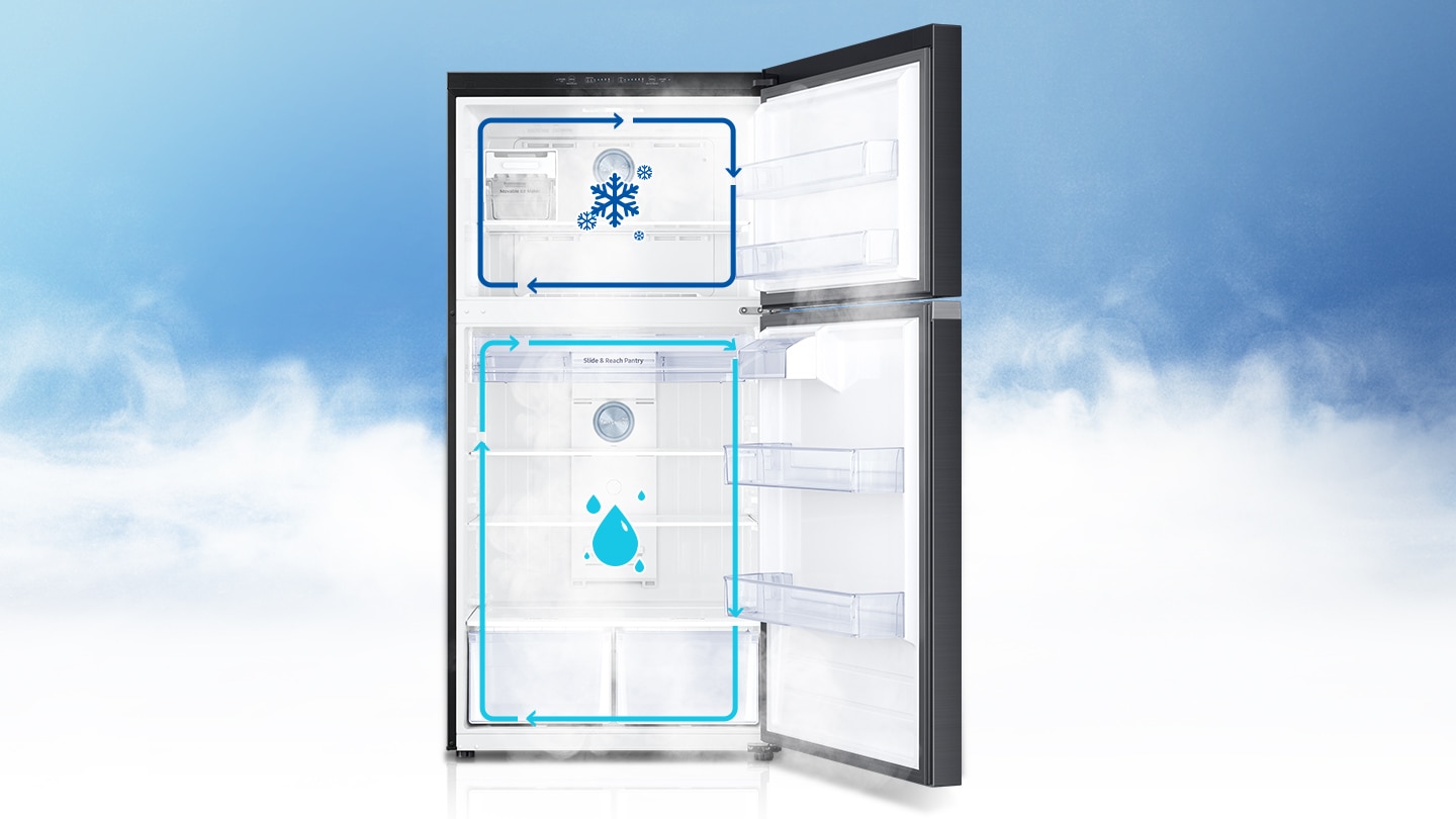 상하칸 문이 열린 냉장고가 보여지고 냉동실과 냉장실에 각각 독립냉각을 나타내는 인포그랙픽이 있습니다. 
