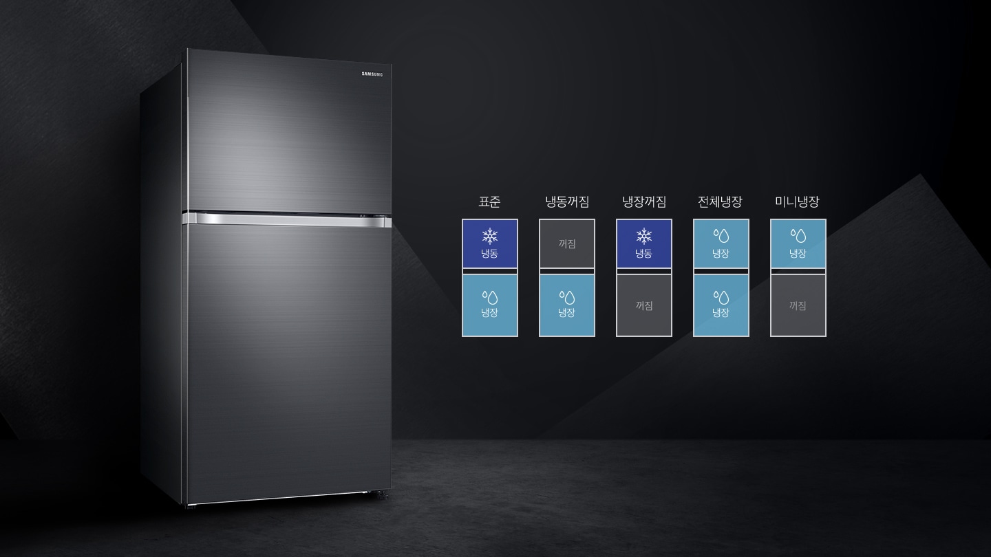 왼쪽에 냉장고가 보여지고 오른쪽으로 5가지 변온모드 표준, 냉장꺼짐, 냉동꺼짐, 전체냉장, 미니냉장을 나타내는 아이콘이 보여집니다.