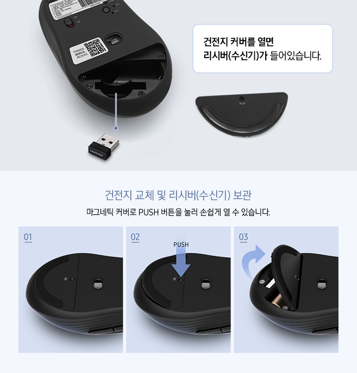 마우스 후면에 캡이 열려있고 안쪽에 리시버를 수납할 수 있는 모습을 보여주고 있습니다.