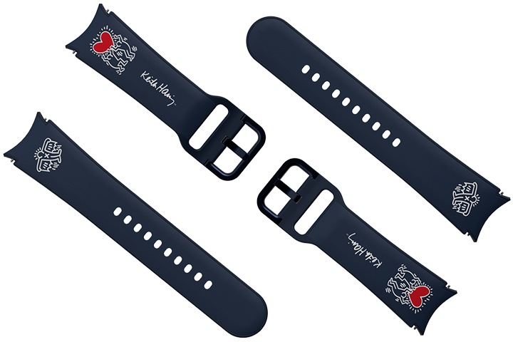 갤럭시 워치 키스해링 스트랩 제품 2개가 사선으로 나열되어 보여집니다.