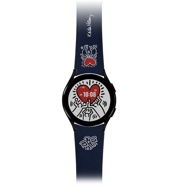 갤럭시 워치 키스해링 스트랩에 갤럭시 워치를 장착하여 펼쳐진 정면이 보여집니다.