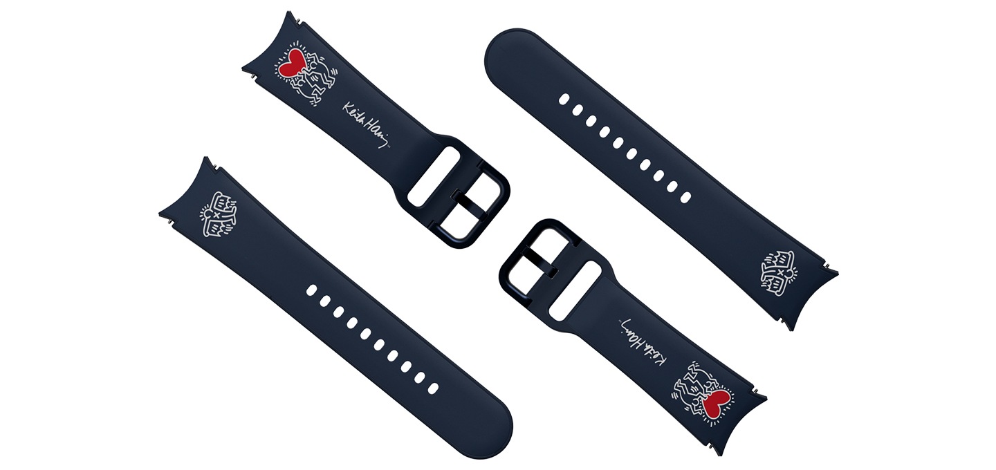 갤럭시 워치 키스해링 스트랩 제품 2개가 사선으로 나열되어 보여집니다.