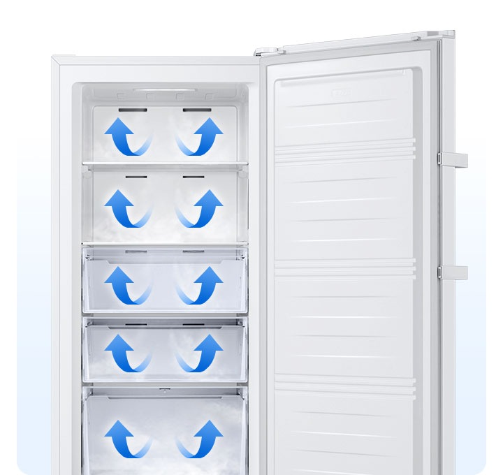 냉동고 내상 토출구에서 냉기가 나오는 모양이 화살표로 나타나 있는 연출된 이미지입니다.