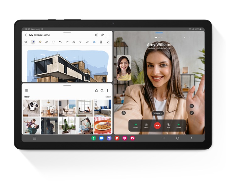 갤럭시 탭 A9+의 화면을 3개로 분할하여 멀티윈도우 기능을 표현하고 있습니다. 화면에는 삼성 노트 앱, 갤러리 앱, 영상 통화 기능이 있습니다.
