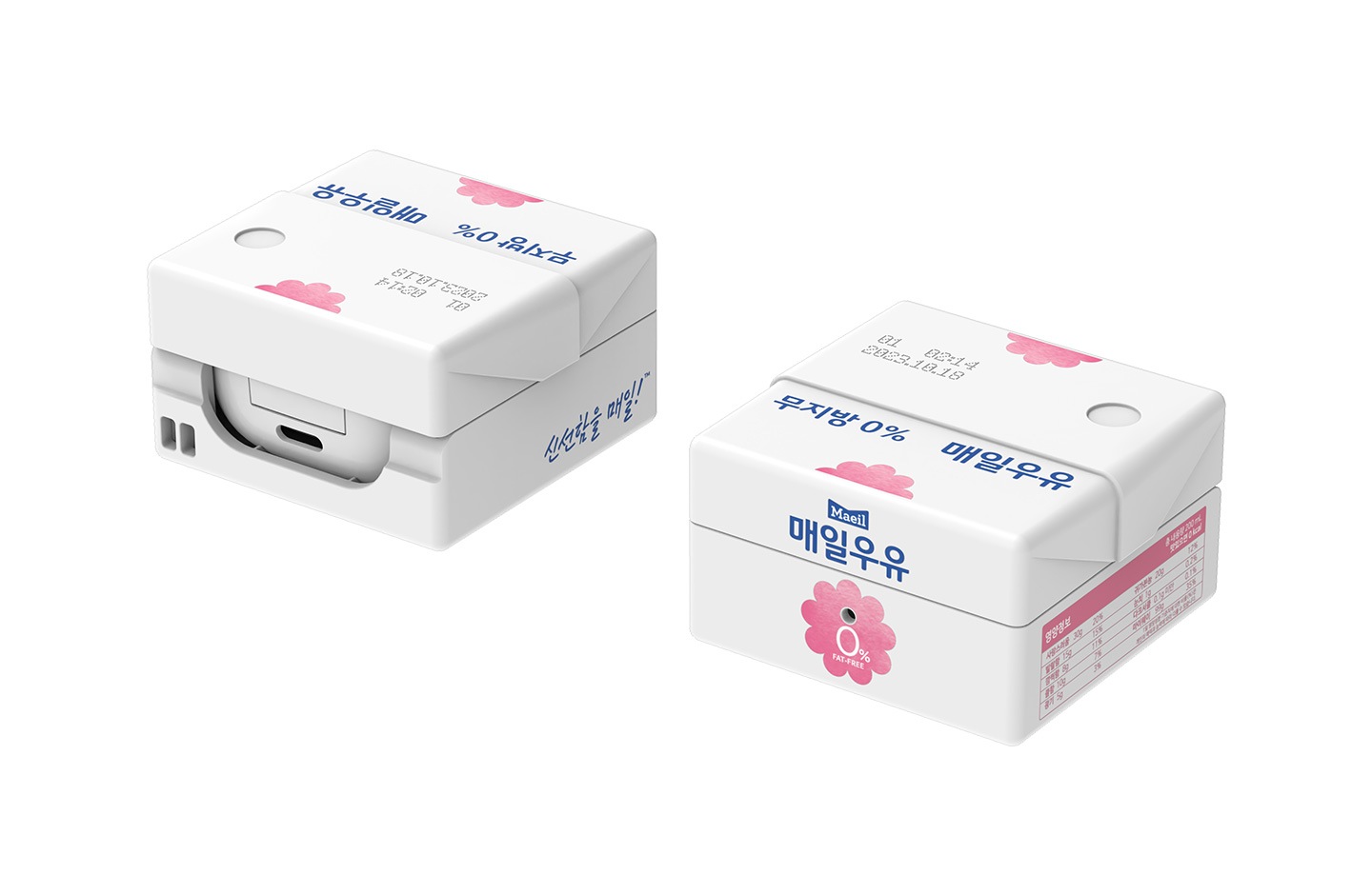 갤럭시 버즈 매일우유 케이스 (무지방)을 장착 한 뒷면과 앞면을 보여주는 이미지