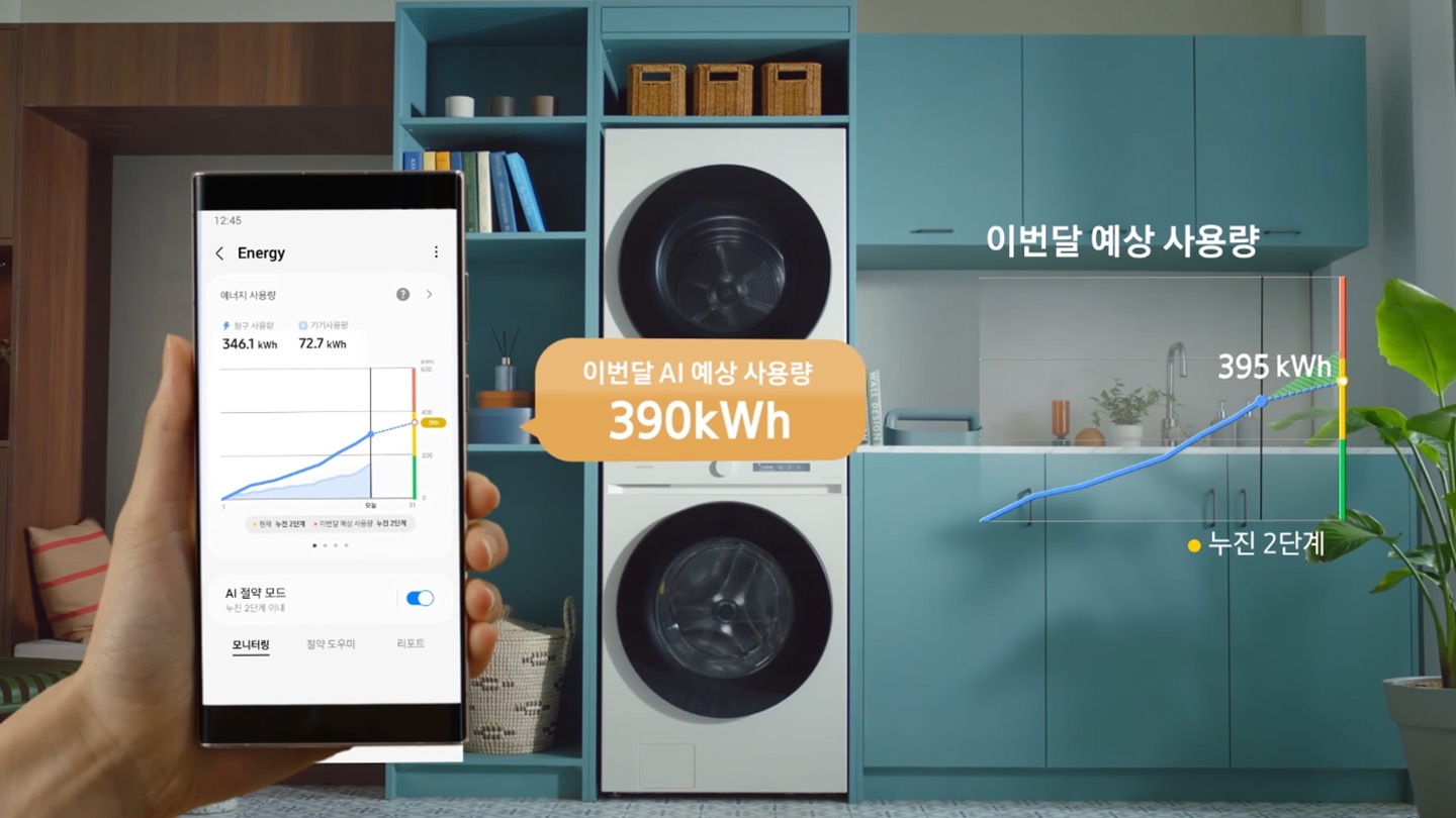  AI 에너지 절약 사용함으로 이번달 예상 사용량 누진 3단계 423kWh에서 390kWh 절약을 보여주는 영상입니다. 기기를 에너지 절약모드에서 실행합니다. AI 절약모드로 전력 사용량을 최소화하여 코스 완료 화면에서 이번달 AI 예상 사용량 390kWh. 세탁기 최대 60% 절약, 건조기 최대 35% 절약