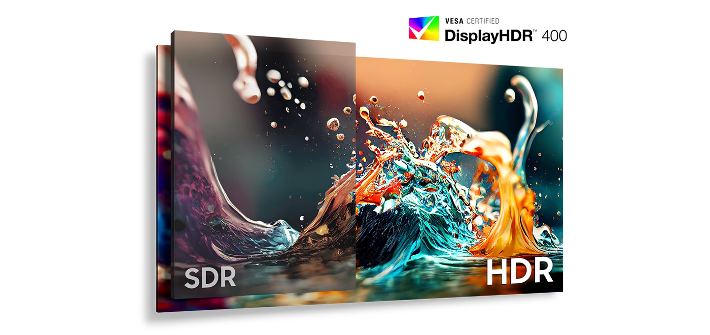 SDR적용 모니터와 HDR 적용 모니터의 색상을 비교한 이미지를 보여주고 있습니다.