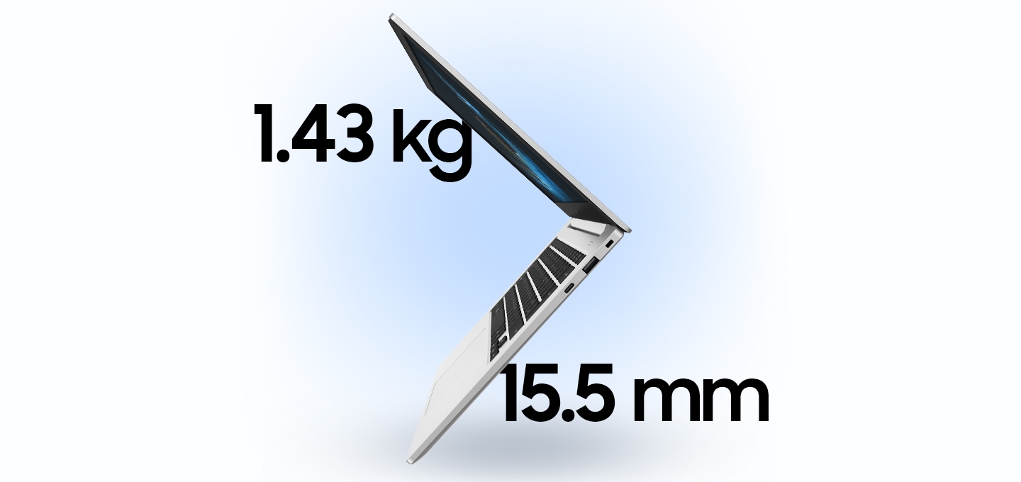 갤럭시 북3 Go가 공중에 떠 있는 모습입니다. 노트북 주위에 1.44 kg과 15.5 mm라는 글자가 표시되어 무게와 두께를 나타냅니다.