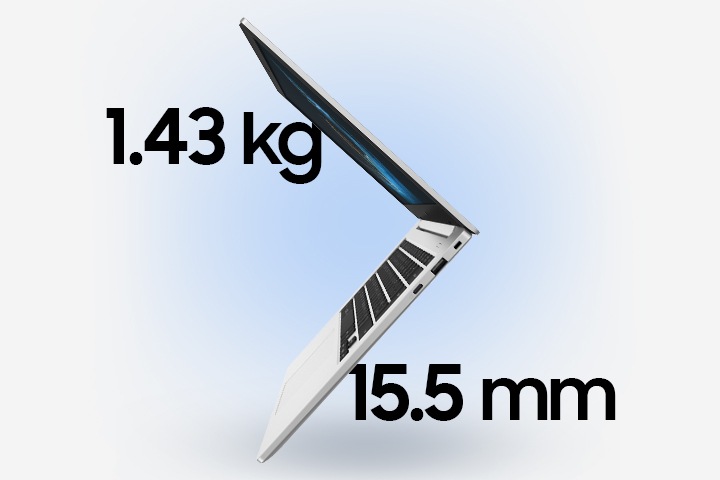 갤럭시 북3 Go가 공중에 떠 있는 모습입니다. 노트북 주위에 1.44 kg과 15.5 mm라는 글자가 표시되어 무게와 두께를 나타냅니다.