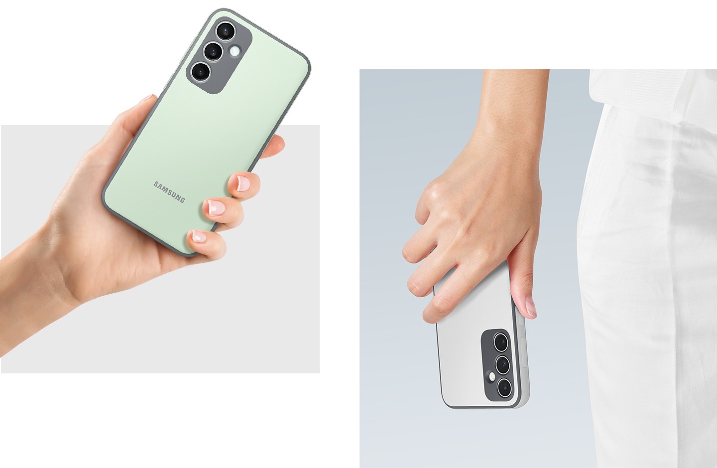 이미지 왼쪽 부분에는 손에 실리콘 케이스를 장착한 갤럭시 S23 FE 기기를 편하게 쥐고 있습니다. 이미지 오른쪽 부분에는 한 사람이 실리콘 케이스를 장착한 갤럭시 S23 FE 기기를 안정적으로 잡은 채 걷고 있습니다. 