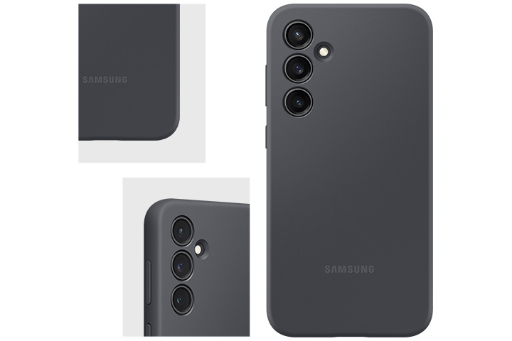 실리콘 케이스의 정면 이미지 오른쪽 아래 부분을 확대한 이미지, 정면의 카메라 부분을 확대한 이미지, 갤럭시 S23 FE 실리콘 케이스 정면 이미지를 왼쪽에서 오른쪽으로 나열하여 있습니다.