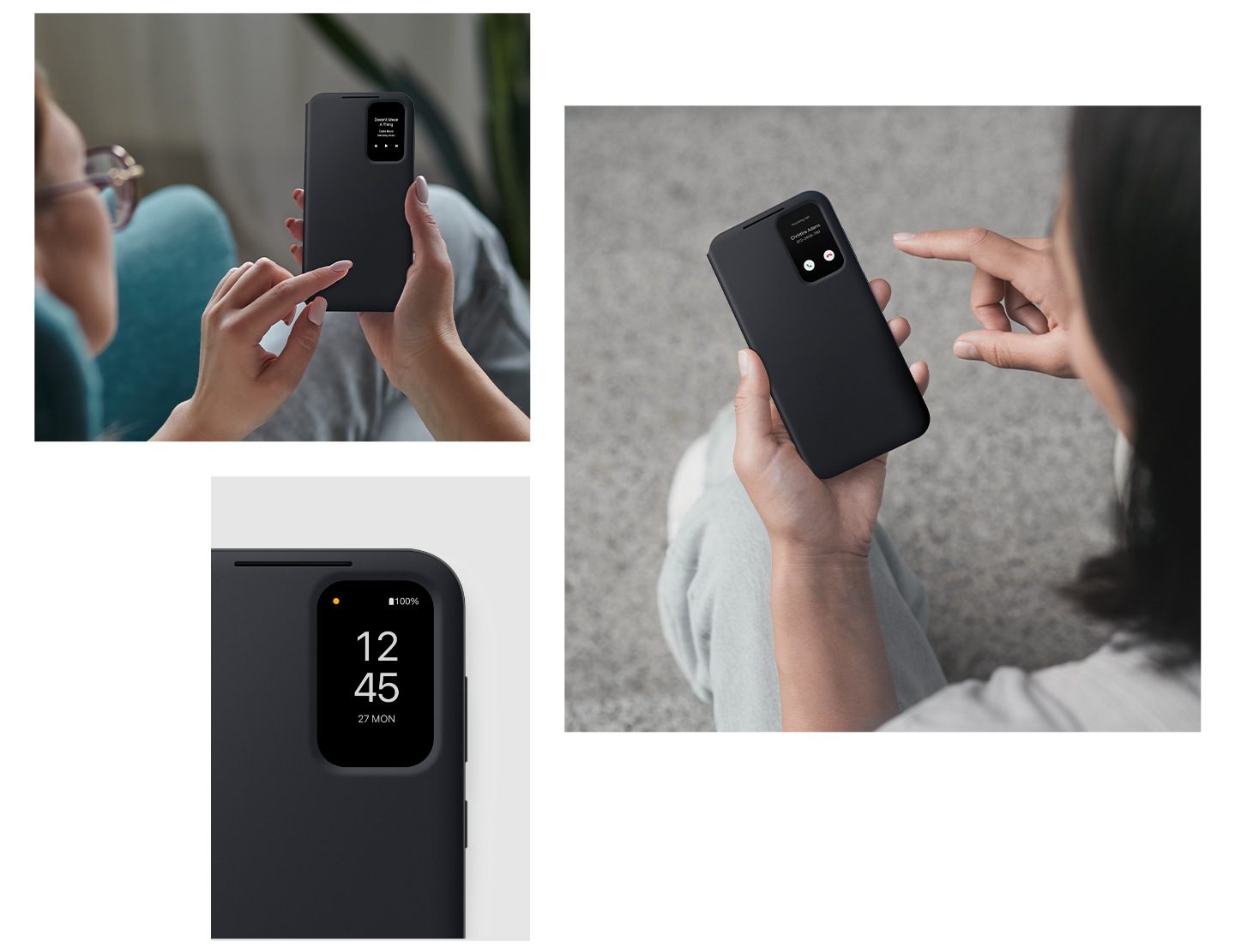 한 여성이 블랙 색상의 스마트 뷰 월렛 케이스를 장착한 갤럭시 S23 FE 기기를 들어 케이스를 닫은 채로 누가 전화를 걸었는지 확인하고 있습니다. 음악을 듣는 사람이 블랙 색상의 스마트 뷰 월렛 케이스를 장착한 갤럭시 S23 FE 기기를 들어 케이스를 닫은 채로 음악을 제어하고 있습니다. 블랙 색상의 스마트 뷰 월렛 케이스를 장착한 갤럭시 S23 FE 기기에 시간과 날짜를 알려주는 작은 창 디스플레이가 표시됩니다. 