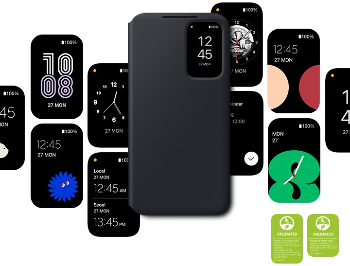 스마트 뷰 월렛 케이스가 장착된 갤럭시 S23 FE 기기의 전면 모습입니다. 그 뒤에는 작은 창으로 된 다양한 디스플레이가 배치되어 있습니다. 오른쪽 하단 UL 재활용 소재 인증 마크 텍스트에는 스마트 뷰 월렛 케이스(EF-ZS711)에 최소 17 %의 포스트 컨슈머 재활용 소재가 포함되어 있다고 적혀 있습니다. UL 바이오 기반 소재 인증 마크의 텍스트에는 스마트 뷰 월렛 케이스(EF-ZS711)에 최소 4 %의 바이오 기반 소재가 포함되어 있으며, 스마트 뷰 월렛 케이스의 외부 케이스에 21 %의 바이오 기반 소재가 포함되어 있다고 적혀 있습니다. 