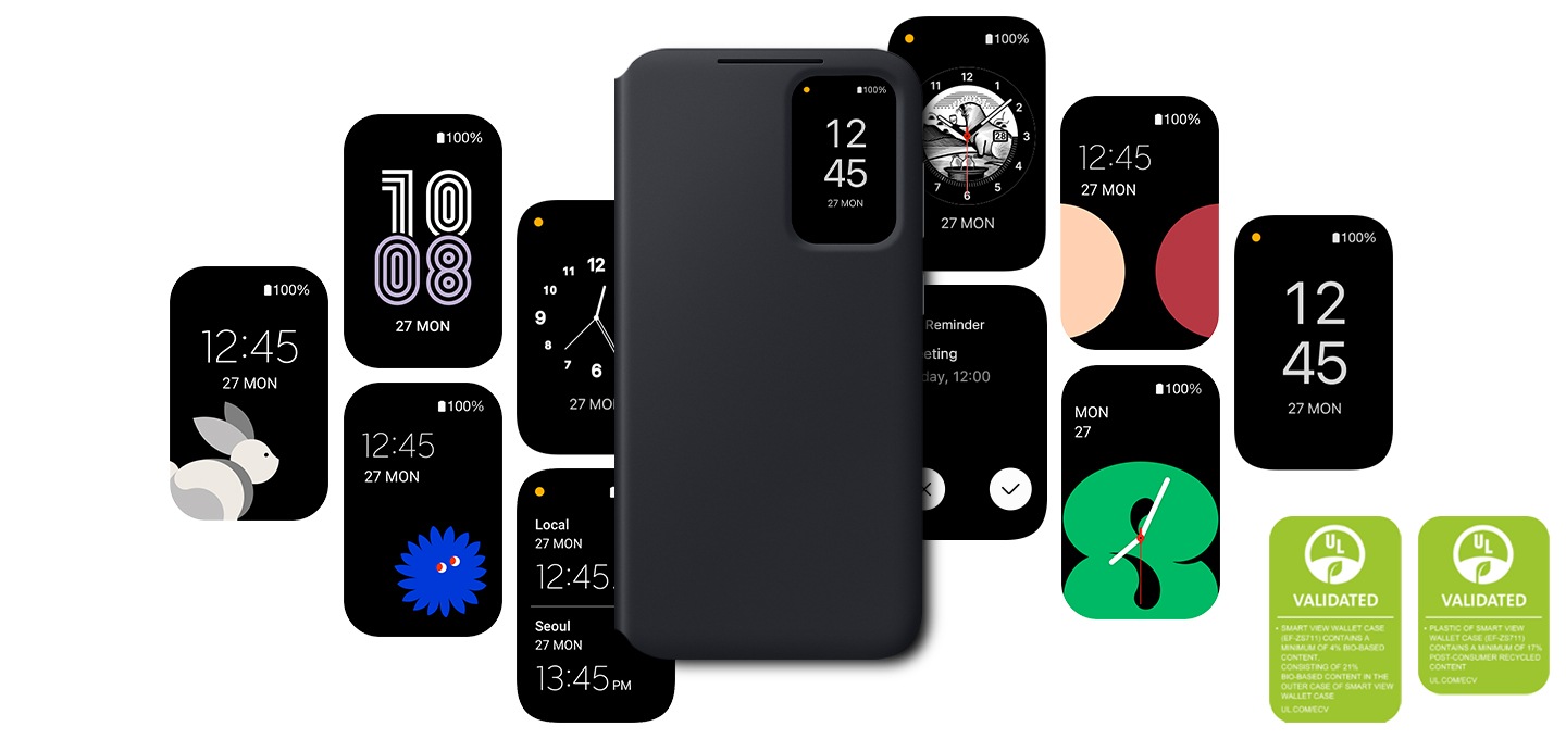 스마트 뷰 월렛 케이스가 장착된 갤럭시 S23 FE 기기의 전면 모습입니다. 그 뒤에는 작은 창으로 된 다양한 디스플레이가 배치되어 있습니다. 오른쪽 하단 UL 재활용 소재 인증 마크 텍스트에는 스마트 뷰 월렛 케이스(EF-ZS711)에 최소 17 %의 포스트 컨슈머 재활용 소재가 포함되어 있다고 적혀 있습니다. UL 바이오 기반 소재 인증 마크의 텍스트에는 스마트 뷰 월렛 케이스(EF-ZS711)에 최소 4 %의 바이오 기반 소재가 포함되어 있으며, 스마트 뷰 월렛 케이스의 외부 케이스에 21 %의 바이오 기반 소재가 포함되어 있다고 적혀 있습니다. 