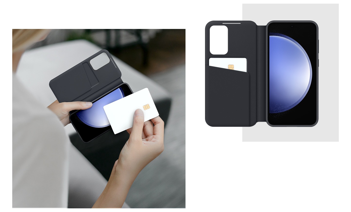 이미지 왼쪽 부분에는 스마트 뷰 월렛 케이스 내부의 수납공간에서 카드를 꺼내는 모습입니다. 이미지 오른쪽 상단에는 스마트 뷰 월렛 케이스가 열려 있고 수납공간에 카드가 보관되어 있습니다. 