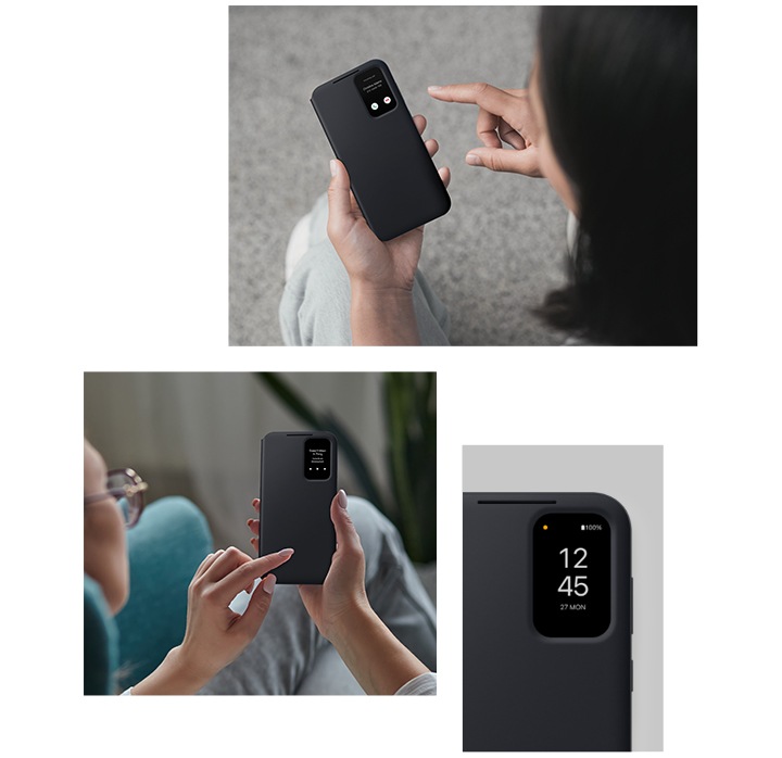 한 여성이 블랙 색상의 스마트 뷰 월렛 케이스를 장착한 갤럭시 S23 FE 기기를 들어 케이스를 닫은 채로 누가 전화를 걸었는지 확인하고 있습니다. 음악을 듣는 사람이 블랙 색상의 스마트 뷰 월렛 케이스를 장착한 갤럭시 S23 FE 기기를 들어 케이스를 닫은 채로 음악을 제어하고 있습니다. 블랙 색상의 스마트 뷰 월렛 케이스를 장착한 갤럭시 S23 FE 기기에 시간과 날짜를 알려주는 작은 창 디스플레이가 표시됩니다. 