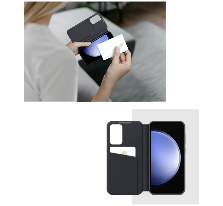 이미지 왼쪽 부분에는 스마트 뷰 월렛 케이스 내부의 수납공간에서 카드를 꺼내는 모습입니다. 이미지 오른쪽 상단에는 스마트 뷰 월렛 케이스가 열려 있고 수납공간에 카드가 보관되어 있습니다. 