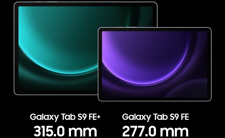12.4 인치 화면의 민트 색상 갤럭시 탭 S9 FE+와 10.9 인치 화면의 라벤더 색상 탭 S9 FE가 정면을 향한 채 가로 모드로 나란히 놓여 있습니다. 각각 녹색과 보라색의 배경 화면을 표시하고 있습니다.
