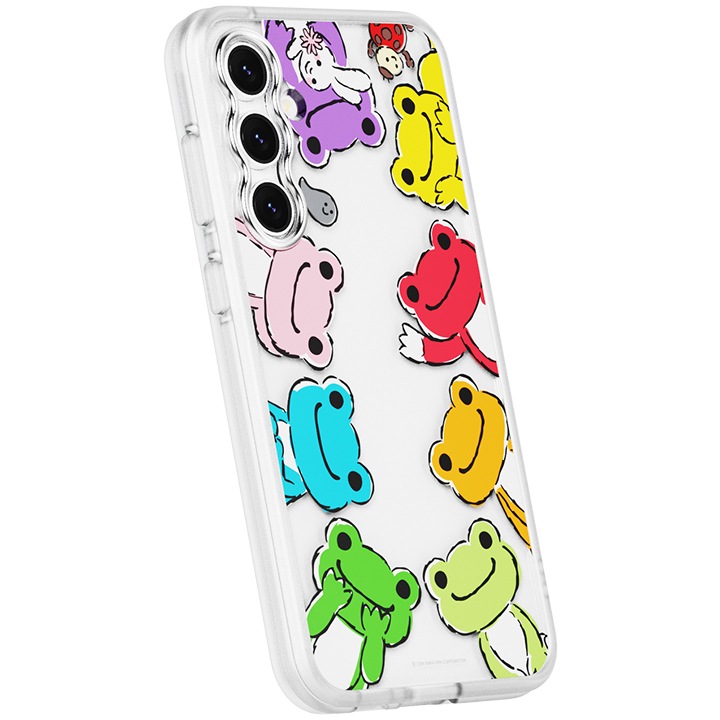 흰색 배경에 갤럭시 S23 FE pickles the frog 버라이어티 케이스 (퍼플)을 장착 후 오른쪽으로 20도 돌린 후 뒤로 20도 기울어진 정면 이미지입니다.