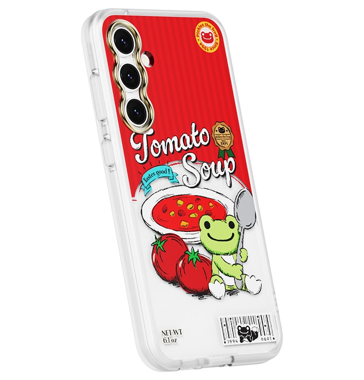 흰색 배경에 갤럭시 S23 FE pickles the frog 버라이어티 케이스 (레드)을 장착 후 오른쪽으로 20도 돌린 후 뒤로 20도 기울어진 정면 이미지입니다.