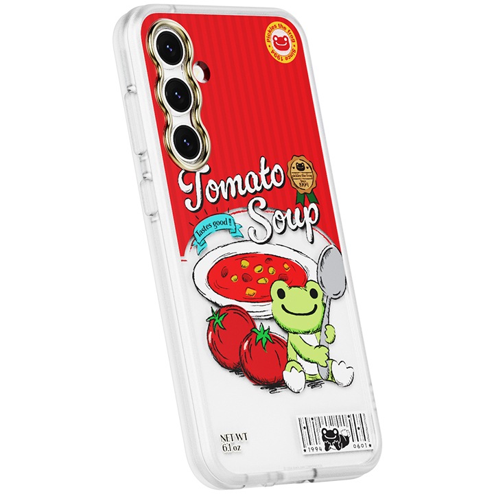 흰색 배경에 갤럭시 S23 FE pickles the frog 버라이어티 케이스 (레드)을 장착 후 오른쪽으로 20도 돌린 후 뒤로 20도 기울어진 정면 이미지입니다.