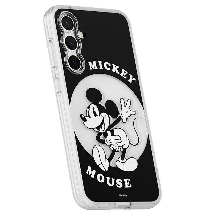 흰색 배경에 갤럭시 S23 FE 디즈니 버라이어티 케이스 (블랙)을 장착 후 오른쪽으로 20도 돌린 후 뒤로 20도 기울어진 정면 이미지입니다.