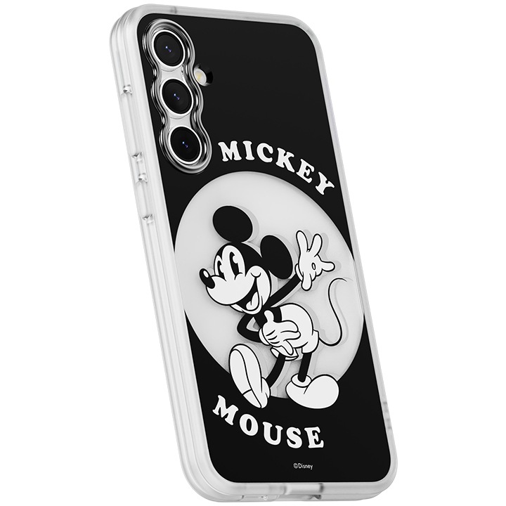 흰색 배경에 갤럭시 S23 FE 디즈니 버라이어티 케이스 (블랙)을 장착 후 오른쪽으로 20도 돌린 후 뒤로 20도 기울어진 정면 이미지입니다.