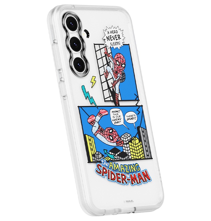 흰색 배경에 갤럭시 S23 FE 마블  버라이어티 케이스 (블루)를 장착 후 오른쪽으로 20도 돌린 후 뒤로 20도 기울어진 정면 이미지입니다.