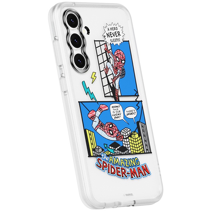 흰색 배경에 갤럭시 S23 FE 마블  버라이어티 케이스 (블루)를 장착 후 오른쪽으로 20도 돌린 후 뒤로 20도 기울어진 정면 이미지입니다.