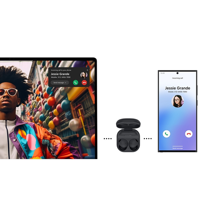 갤럭시 버즈2 프로는 갤럭시 북4 Pro 360 및 갤럭시 S23 Ultra와 페어링됩니다. Windows Media Player 앱에서 비디오 콘텐츠가 전체 화면으로 재생되는 동안 갤럭시 S23 Ultra에는 수신 전화 화면이 표시되고 갤럭시 북4 Pro 360에는 전화 알림이 표시되어 있습니다. 갤럭시 버즈2 프로 오디오는 노트북과 스마트폰 간에 자동으로 전환됩니다.