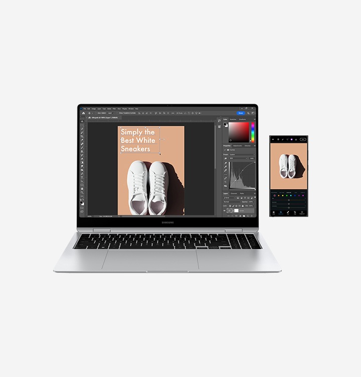 갤럭시 S23 Ultra의 Adobe Photoshop Express 앱에 흰색 운동화 이미지 파일이 열려 있습니다. 해당 화면은 갤럭시 북4 Pro 360에 그대로 복제되어 화Adobe Photoshop 앱에서 편집할 수 있도록 열려있습니다.