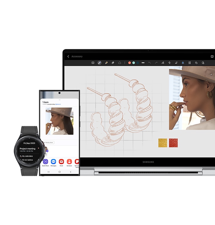 플래티넘 실버 색상의 갤럭시 북4 Pro 360, 갤럭시 S23 Ultra, 화면에 메시지가 표시된 갤럭시 워치6 클래식이 나란히 놓여있습니다. 갤럭시 S23 Ultra 화면의 삼성 갤러리 앱에서 선택한 여성의 이미지는 Quick Share를 통해 갤럭시 북4 Pro 360에 공유되고 삼성 Notes 앱에서 편집할 수 있도록 확장되어 기기 간 갤럭시 에코 시스템을 강조합니다.