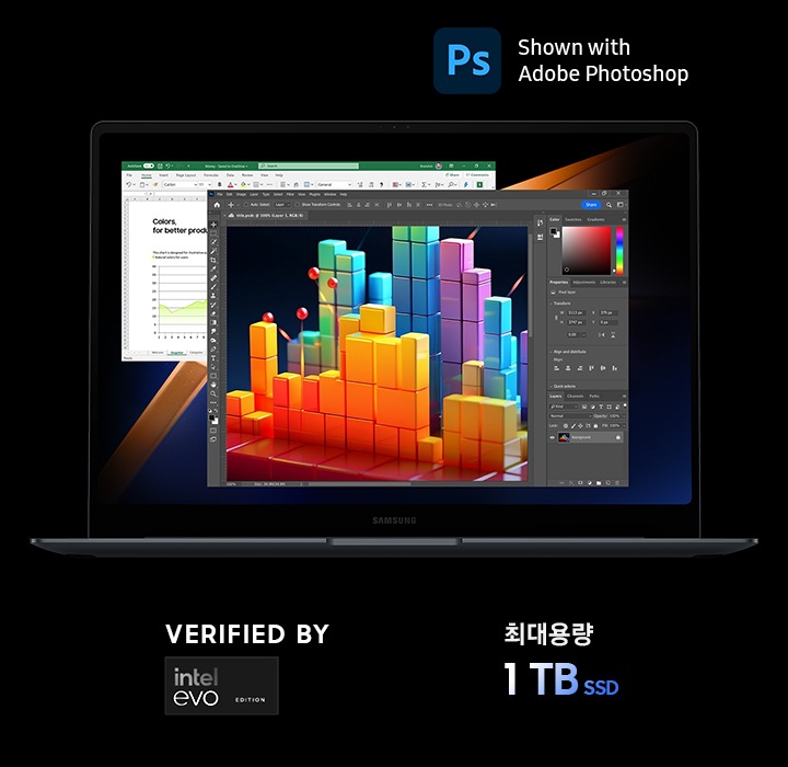 문스톤 그레이 색상의 갤럭시 북4 Pro가 정면을 바라보고 열려있고, 화면에는Adobe Photoshop 및 Microsoft Excel 앱 창이 화면에 열려 있습니다. 우측 상단에는 Adobe Photoshop 로고가 표시되어 있고, 이미지 전체의 하단에는 Intel Arc GRAPHICS 로고와 Intel Evo 인증 로고가 표시되어 있습니다. 