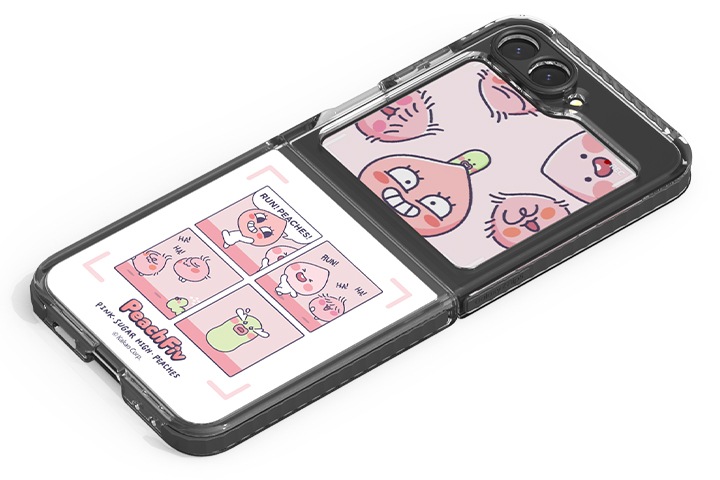 갤럭시 Z 플립5 피치파이브 플립수트 카드 (1매)가 장착후 오른쪽 45도 기울어진 정면 이미지입니다.