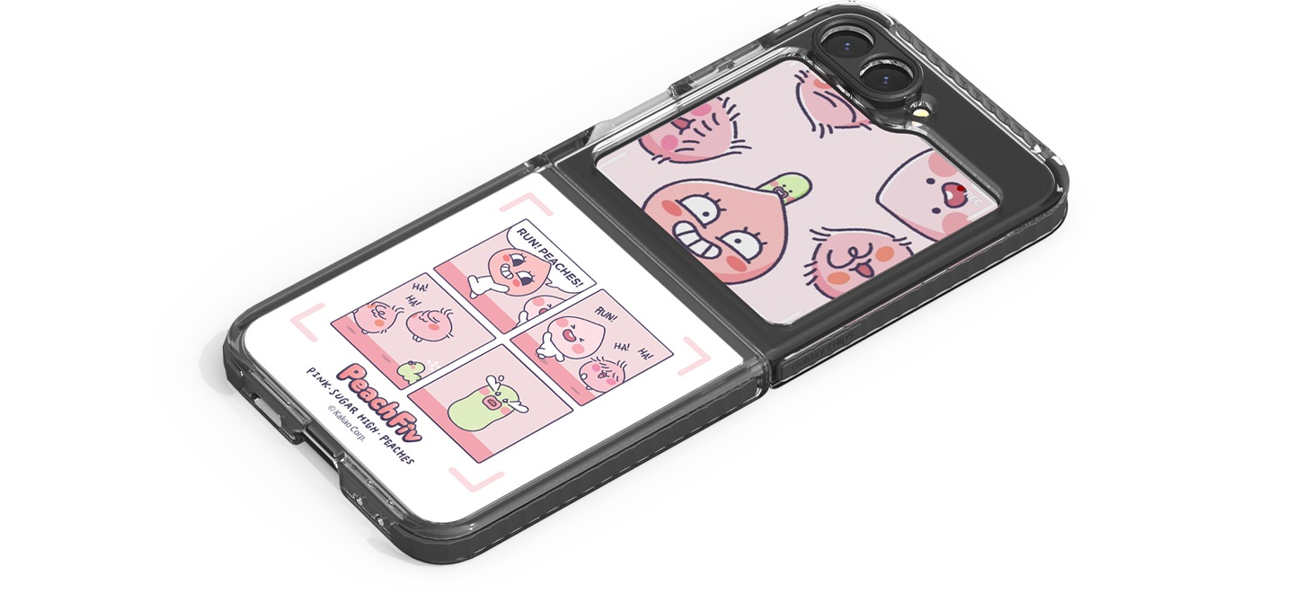 갤럭시 Z 플립5 피치파이브 플립수트 카드 (1매)가 장착후 오른쪽 45도 기울어진 정면 이미지입니다.