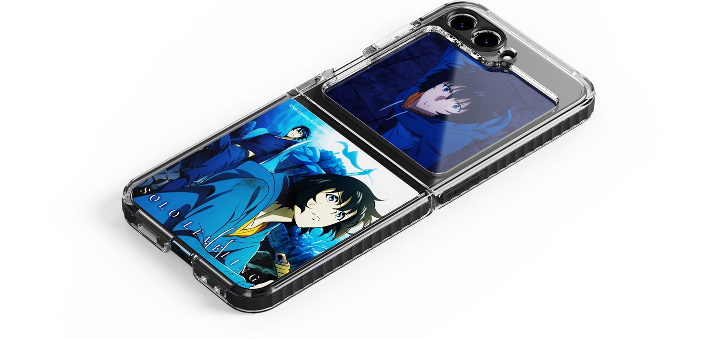 갤럭시 Z 플립5 나 혼자만 레벨업 플립수트 카드 (1매)가 장착후 오른쪽 45도 기울어진 정면 이미지입니다.